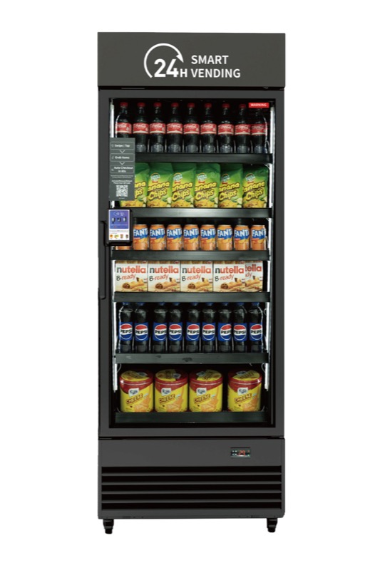 NuVending Pro 542 AI smart cooler fully stocked with snacks and beverages